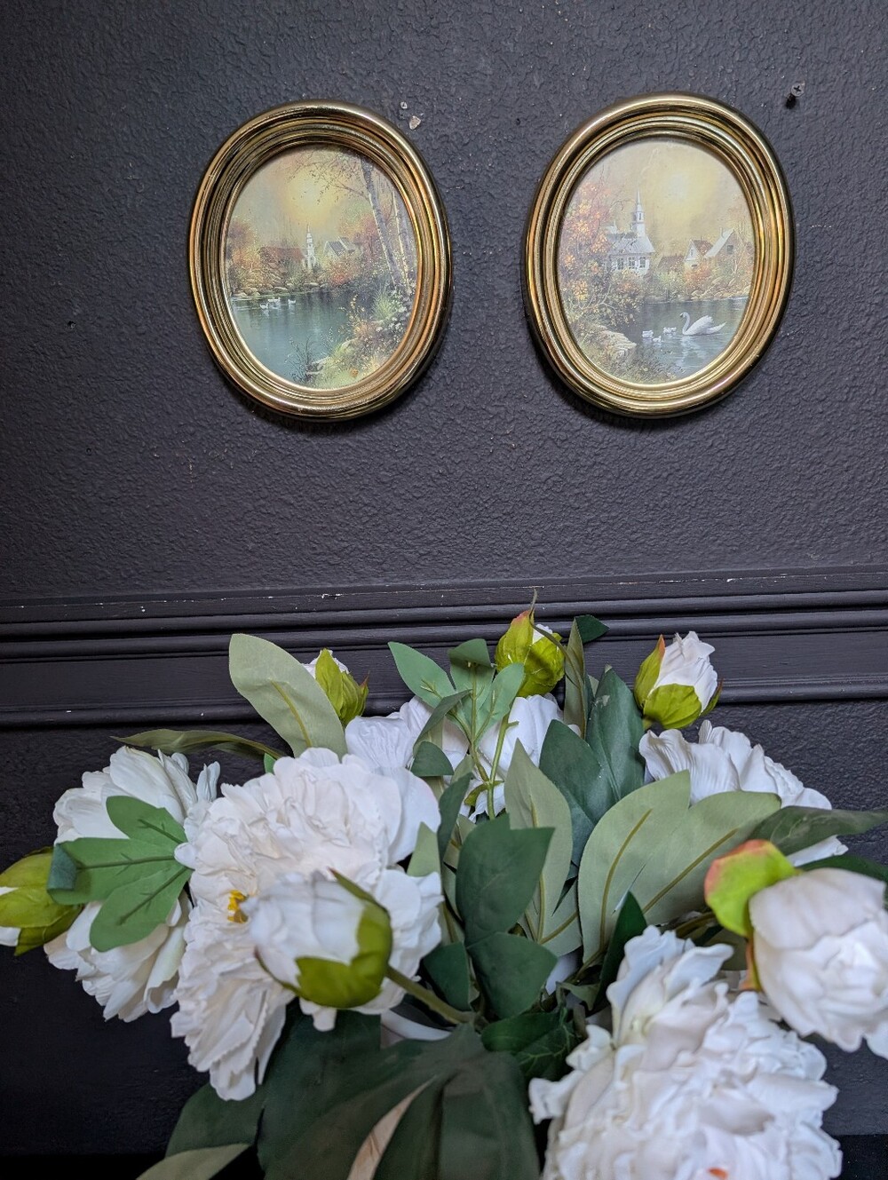 Vintage, Set of 2, Small HOMCO Swans on Lake Autumn Church Scenes Scenery, Oval